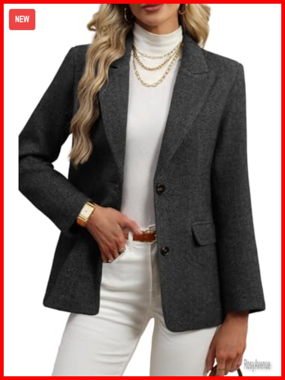 Wool Blend Tweed Herringbone Notch Collar Blazer Button Oversize